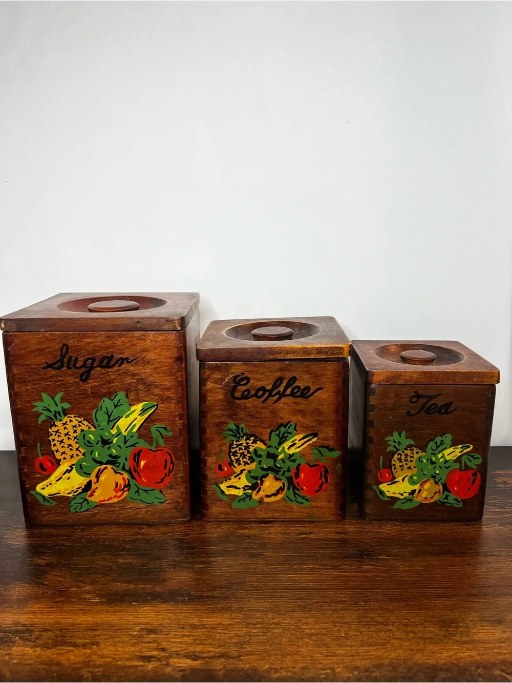Vintage Wooden Sugar Coffee Tea Canister Set - Brown with Fruit Design